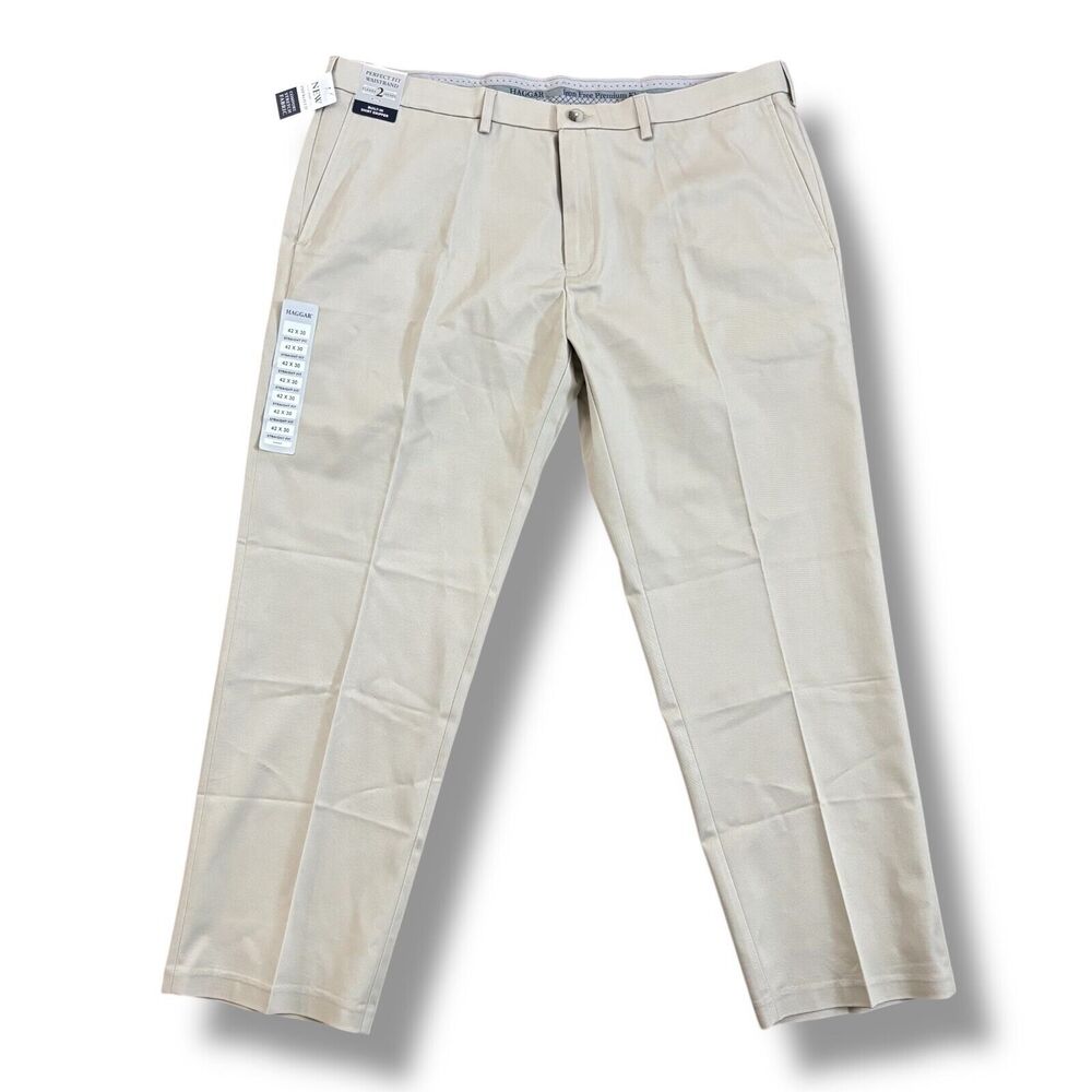 NWT Haggar Men's Size 42x30 Beige Iron Free Khaki Straight Fit Pants Office Golf